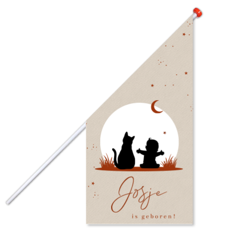 Beige geboortevlag met silhouet kindje en poes