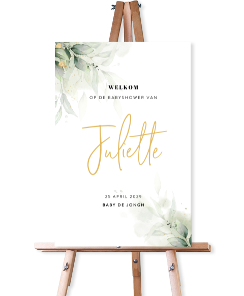 Modern babyshower bord met groene waterverf bladeren en naam