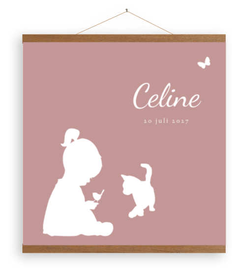 Canvas silhouet meisje met kat en vogel