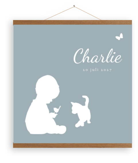 Blauwe canvas silhouet jongetje met vogel en kat