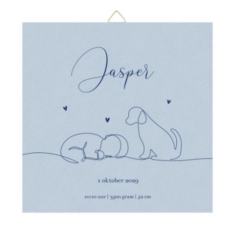 Blauw tegeltje baby met hondje in lijntekening