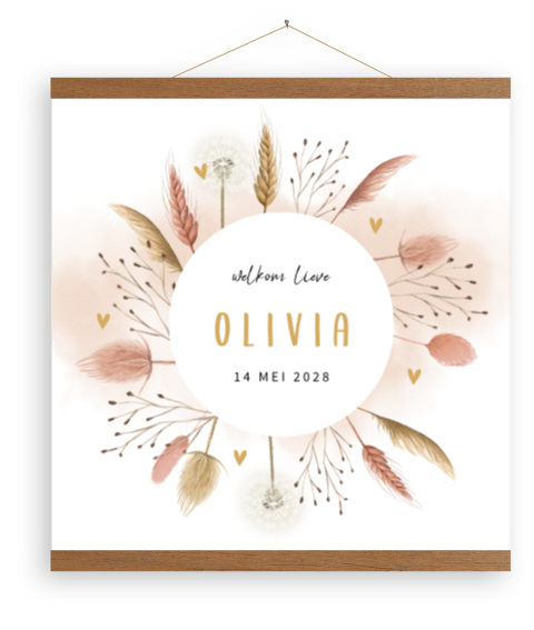 Canvasposter met droogbloemen in een cirkel
