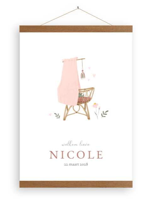 Canvas poster meisje met roze wieg en bloemen