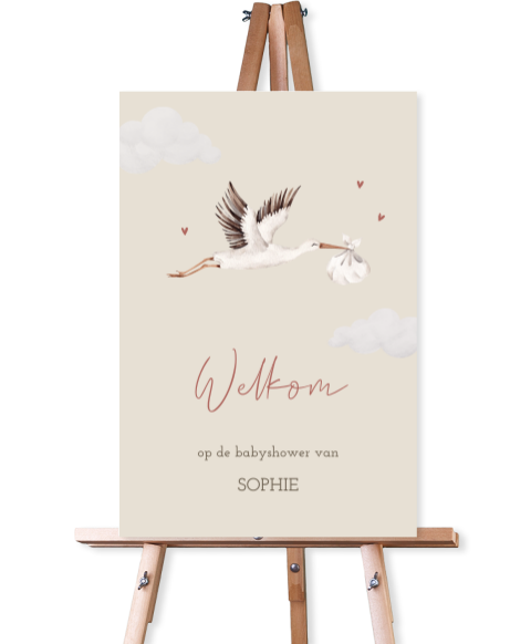 Babyshower bord met ooievaar in zachte tinten