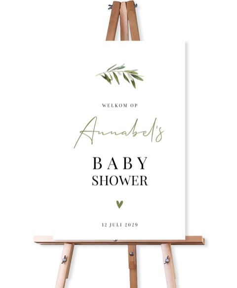 Babyshower welkomstbord met olijftakje in mediterrane stijl