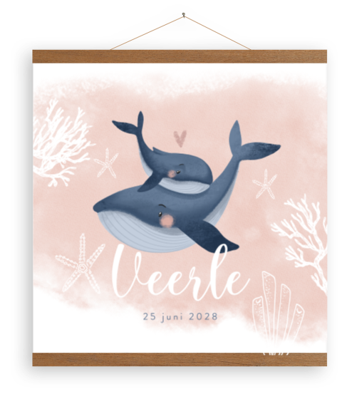 Roze canvasposter onderwater walvis en baby walvis