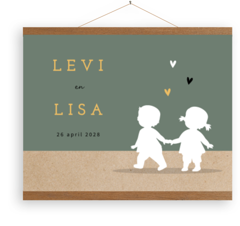 Canvasposter met silhouet tweeling jongen en meisje