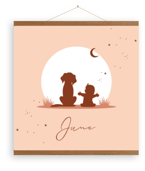 Zalmroze canvas poster met silhouet hondje en baby