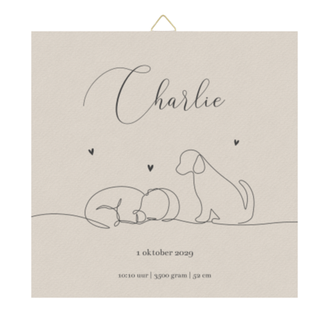 Beige tegeltje baby met hondje in lijntekening