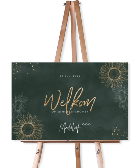 Feestelijk babyshower bord met gouden zonnebloemen