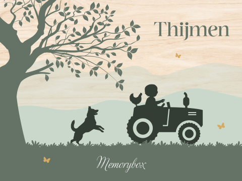 Groene memorybox tractor met jongen en hond 