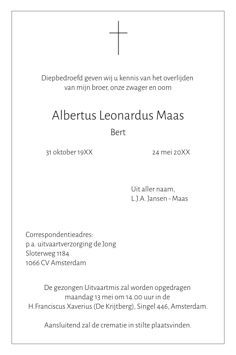 Klassieke rouwkaart met kruis en strakke typografie