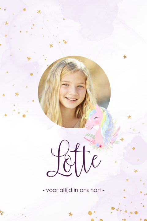 Prachtig rouwkaartje kind meisje met foto en unicorn