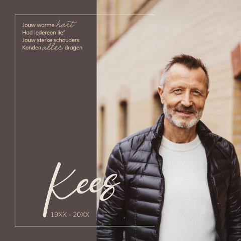 Moderne rouwkaart man met foto en stijlvolle typografie