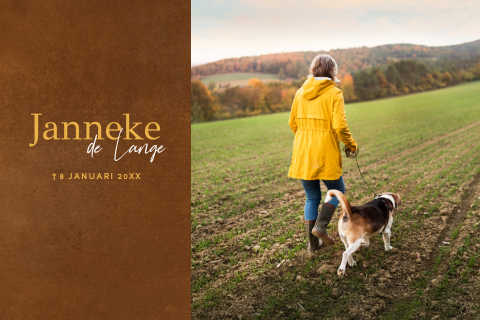 Moderne rouwkaart met foto en eigentijdse typografie - vrouw