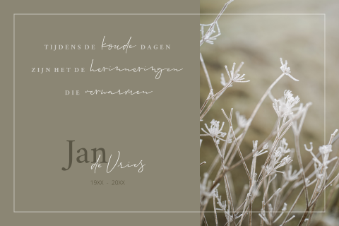 Rouwkaart met winterse natuur en troostende tekst