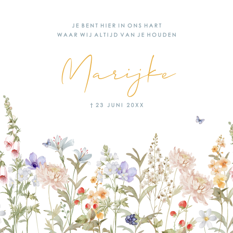Rouwkaart met weelderige veldbloemen en vlinders