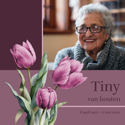 Paarse rouwkaart met tulpen en portret van een vrouw