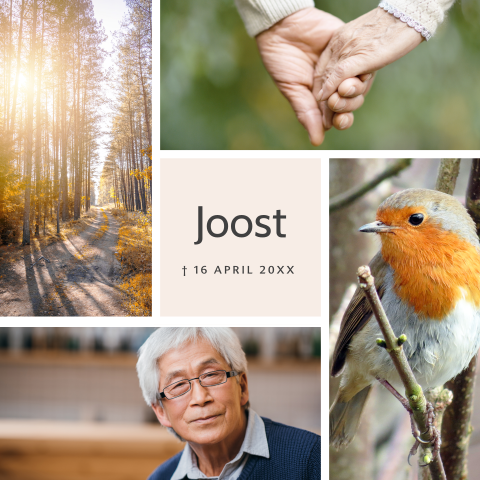 Collage rouwkaart met verschillende persoonlijke foto's