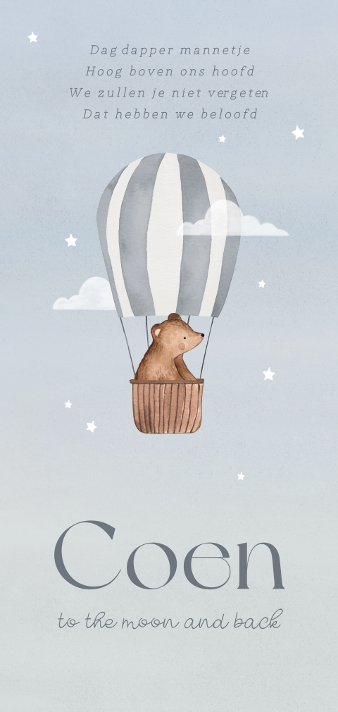 Rouwkaartje baby met beer in luchtballon - to the moon