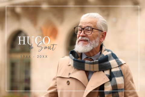 Rouwkaart man met foto en moderne typografie en kader