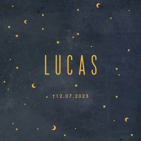 Stoere rouwkaart voor je zoon met sterren en de maan