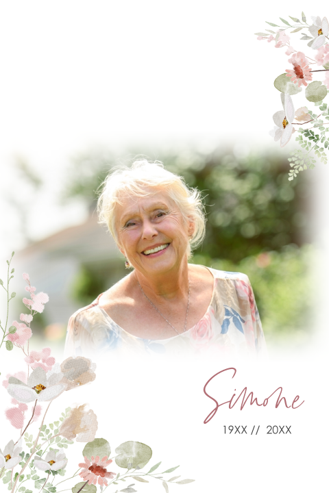 Stijlvolle rouwkaart vrouw met veldbloemen en gedicht