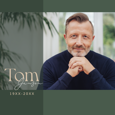 Stoere en moderne rouwkaart man met portretfoto - vierkant