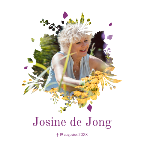 Kleurrijke rouwkaart vrouw met foto in modern masker