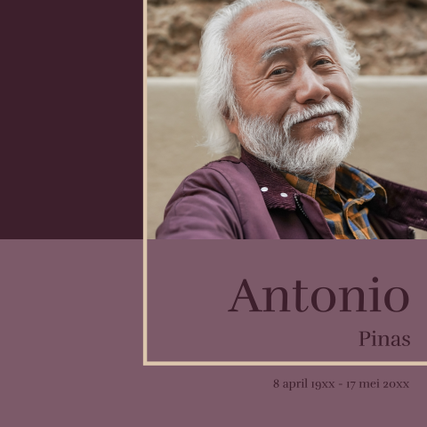 Rouwkaart met portret in diepe paarstinten en gouden omlijsting