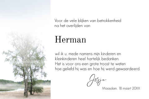 Bedankkaart na overlijden met bos, bomen en gedicht
