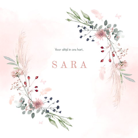 Baby rouwkaartje met veldbloemen in krans om haar naam
