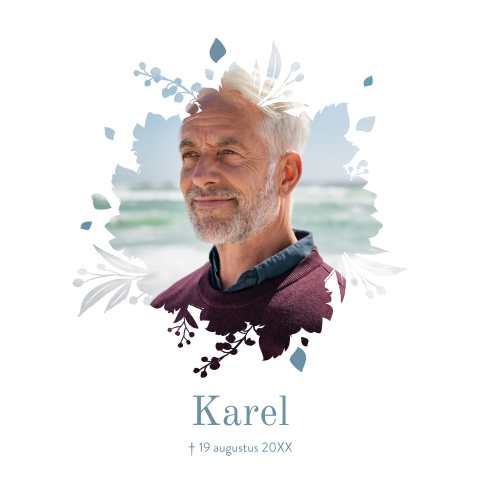 Rouwkaart man met portretfoto in een modern masker