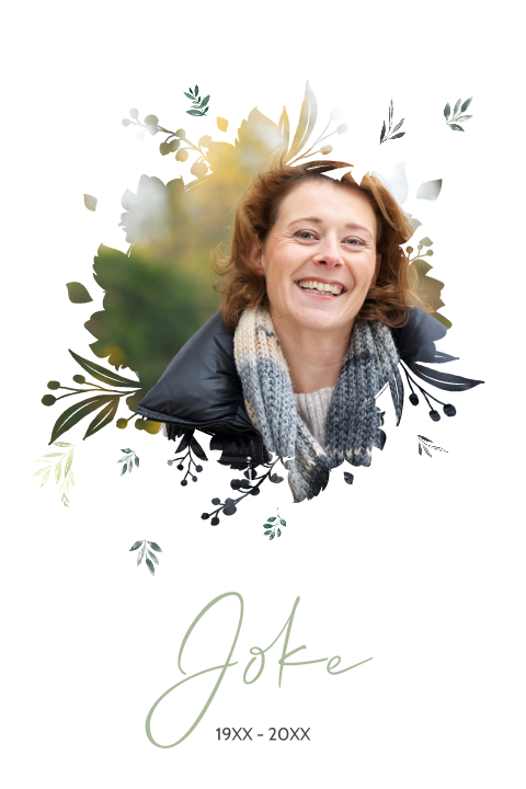 Rouwkaart vrouw met portretfoto en kleine blaadjes