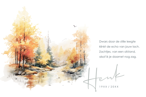 Rouwkaart man met landschap bos met vogel en een ven
