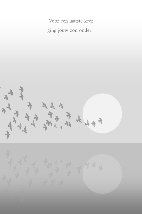 Rouwkaart in grijstinten met ondergaande zon en vogels