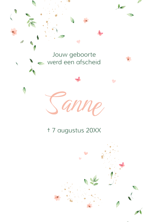 Rouwkaartje meisje met vlindertjes, hartjes en bloemetjes