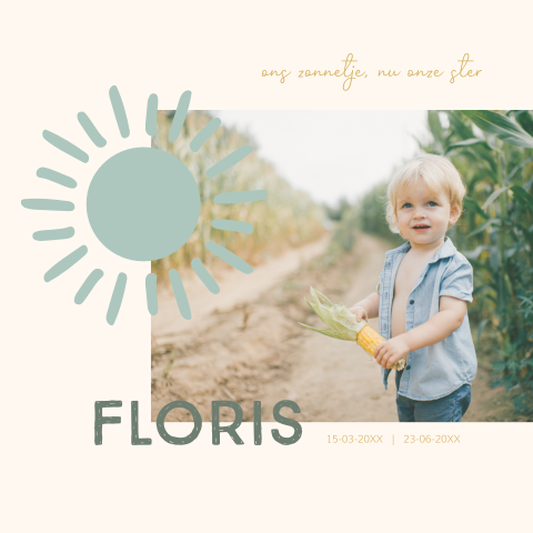 Rouwkaart kind met foto, ons zonnetje nu onze ster