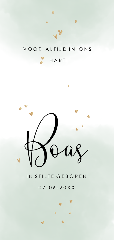 Rouwkaartje zoon met kleine hartjes en watercolour groen