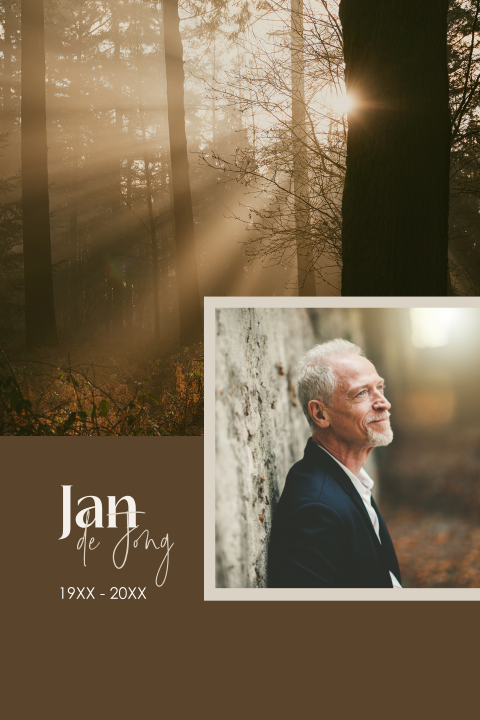 Rouwkaart met warme zonnestralen in het bos en foto