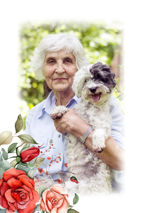 Rouwkaart met foto in een zacht kader en rode rozen