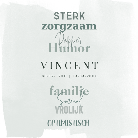 Moderne rouwkaart man met grafisch vormgegeven wordcloud