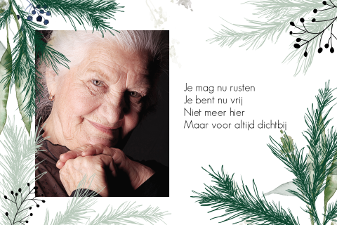 Rouw bedankkaartje in kerststijl met foto en lieve woorden