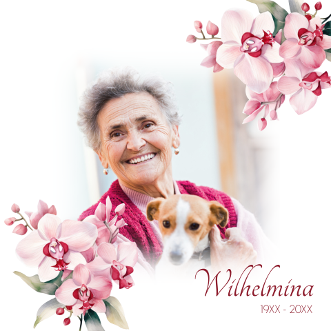 Rouwkaart oma met foto en roze orchideeën