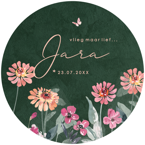 Stoer bloemen rouwkaartje baby meisje in ronde vorm