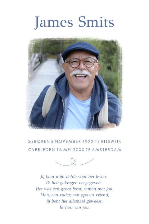 Moderne rouwkaart met foto, hartje en prachtig gedicht