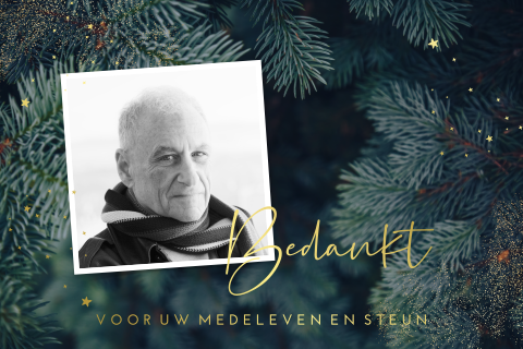 Rouw bedankkaartje met foto overledene in kerstsfeer