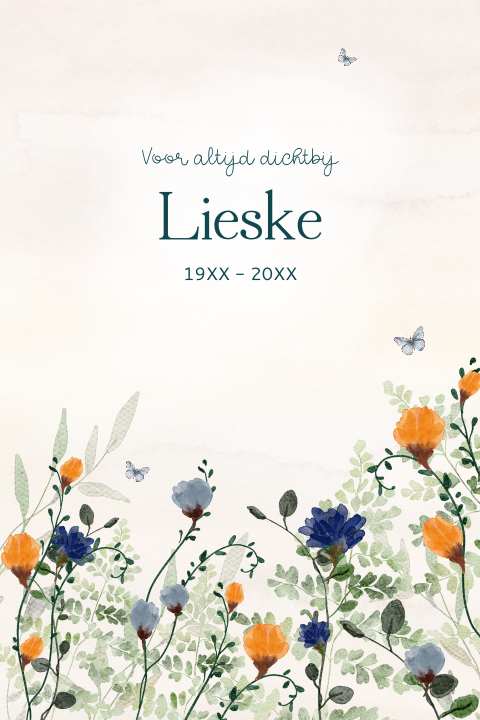 Rouwkaart met veldbloemen en vlindertjes in blauw en oranje 