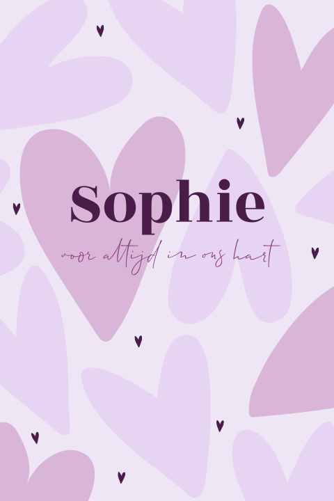 Hartjes rouwkaart kind tiener meisje in lila tinten