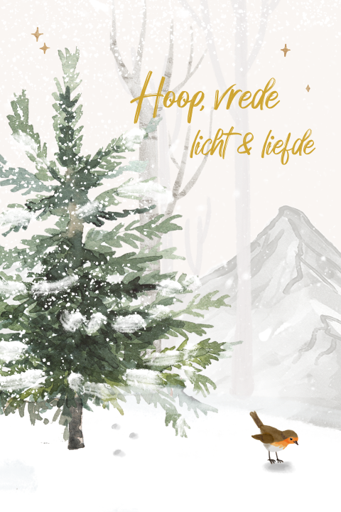 Kerstkaart winterlandschap hoop, vrede, licht en liefde